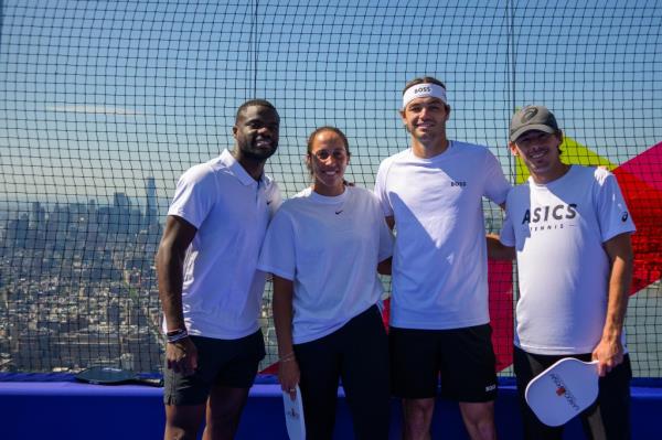 Frances Tiafoe, Madison Keys, Taylor Fritz, and Alex de Minaur pose after playing pickleball on the 1,100-foot-tall outdoor observation deck at Edge at Hudson Yards on August 22, 2024 in New York City.